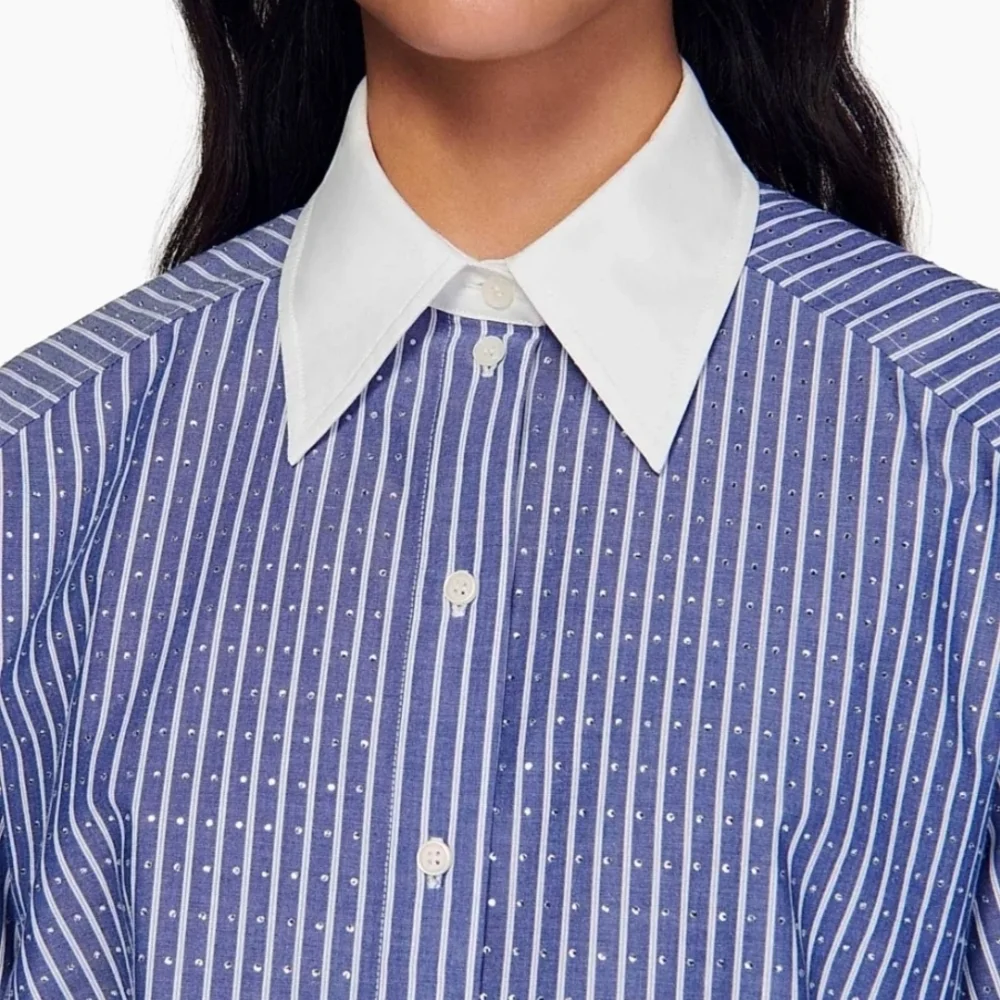 Sandro Blue Striped Button-Front Shirt with White Collar - Picture 5 of 10